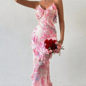 Pink Boho Womens Floral Print Spaghetti Strap Dress With Lace Trim Hem